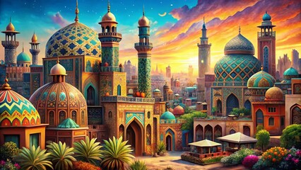 Surreal Artistic Illustrations of Arabic Cities and Ornamental Designs for Cultural Exploration