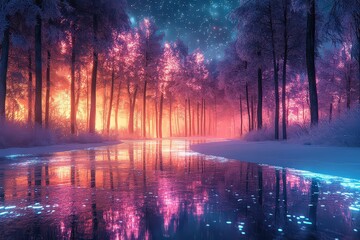 Fototapeta premium Neon-lit winter forest scene with glowing trees and ice-covered ground, reflecting vibrant colors in a surreal, digital winter setting.