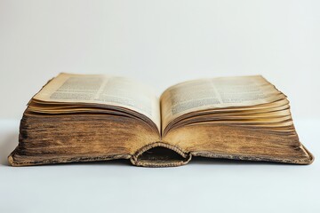  Open book with yellowed pages lying flat on a white surface, giving a vintage and timeless feel to the scene, emphasizing simplicity and nostalgia.