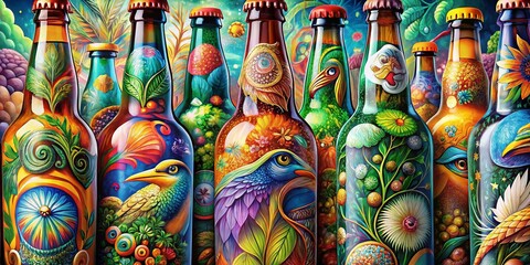 Fototapeta premium Surreal Beer Bottles Sketch with Abstract Elements and Vibrant Colors for Unique Visual Appeal