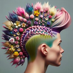 Blooming Floral Mohawk featuring intricate braiding and pinning techniques to create vibrant flower-shaped structures in pinks, yellows, purples, and blues, with mint green buzzed sides and real petal