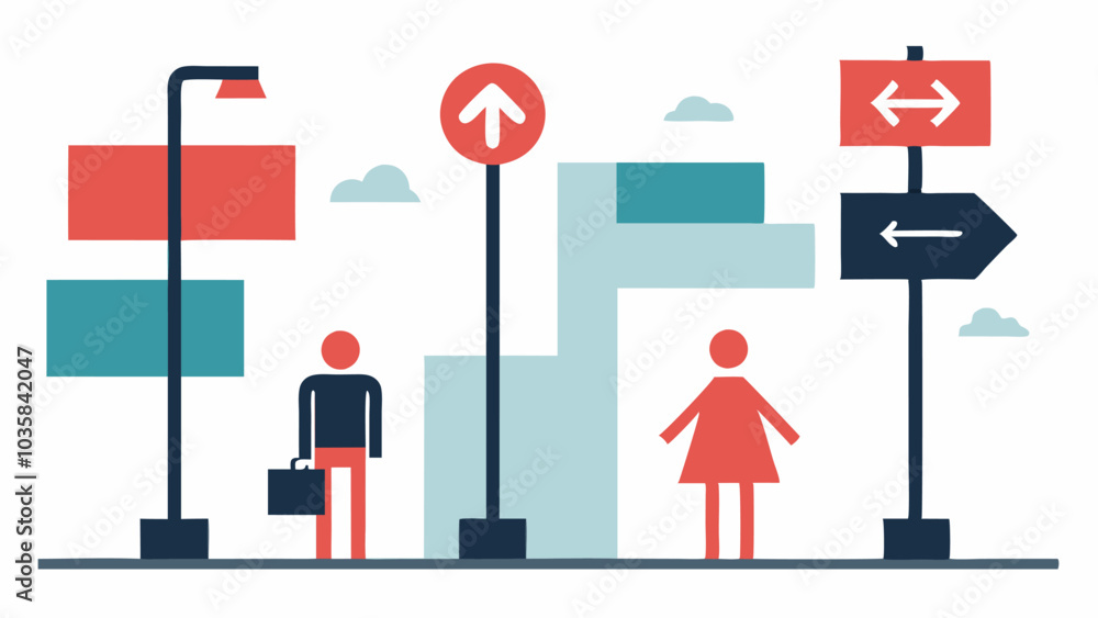 Poster wayfinding signage a streetscape showing large clear directional signs that incorporate symbols and 