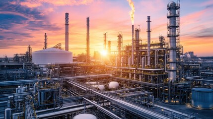 Sunset illuminates an industrial complex, with bright colors in the sky contrasting the cold metal structures