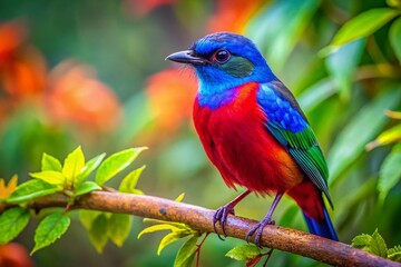 Obraz premium Surreal Close-Up of a Vibrant Blue and Red Bird Amidst Dreamy Green and Red Foliage