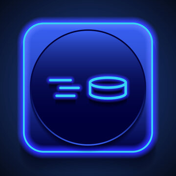 Hockey icon vector. Flat design. Blue neon style on button. With shadow