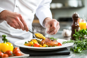 A close-up of a chef finishing a gourmet meal, spooning sauce over roasted chicken and colorful vegetables in a professional kitchen