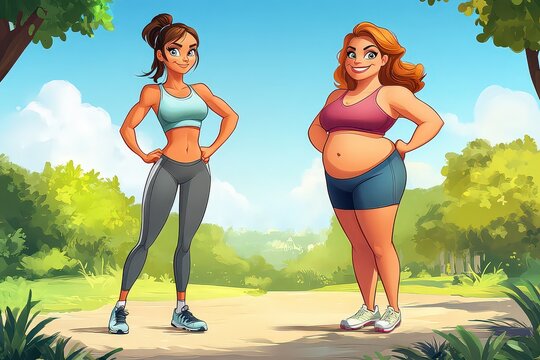  cartoon comparison of a fit woman with an athletic, muscular build standing next to a fat woman with a curvier, fuller figure, highlighting body diversity in a fun and lighthearted style.