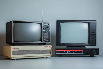  Two retro televisions placed next to each other, highlighting the style and design of 20th-century technology. An example of technological evolution in home entertainment.