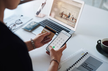Office, hands and businessperson with phone screen for credit card, banking information or details. Above, female person or debit with mobile app for dial number, online services or fintech by laptop