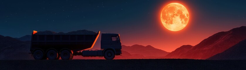 A truck silhouette against a glowing red moon, set in a tranquil landscape, evokes a sense of solitude and adventure under a starry sky.