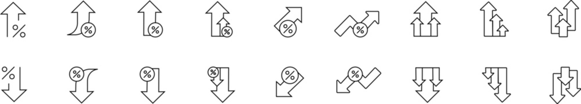 Percentage increase and decrease icons set. Percentage arrow up and down linear business icons vector