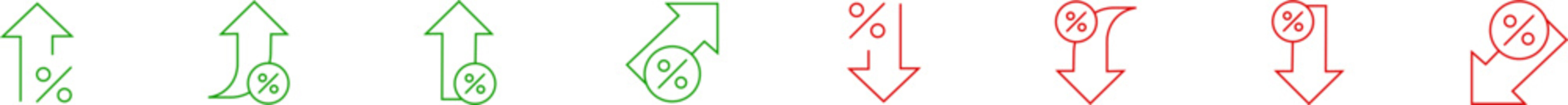 Percentage increase and decrease color icons set. Percentage arrow green up and red down linear business icons vector