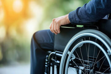 Fototapeta premium A person sitting in a wheelchair in a serene park during the golden hour light