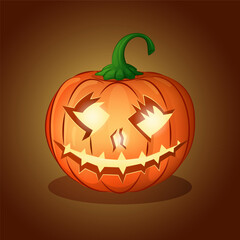 Vector Happy Halloween cartoon pumpkin character on a dark background. Halloween day card poster design