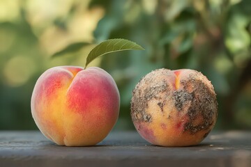 perfectly ripe peach with soft, velvety skin on one side is compared to a brown, rotting peach on the other, showing the contrast between freshness and decay.