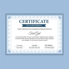 Blue and gold certificate of achievement template with gold badge and border