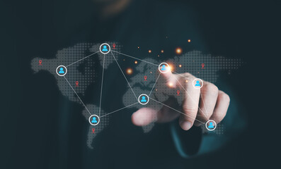 Businessman control global online marketplace and reach for customer engagement with insight data analytic, business intelligence. SEO marketing big data strategy for worldwide omnichannel market.