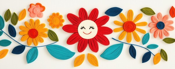 Obraz premium Colorful flowers with a smiling face on a white isolated background.