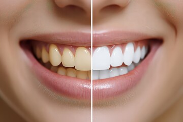  Close-up of smile showing teeth whitening transformation. Left side depicts yellowish teeth, while right side shows perfectly white, clean teeth, highlighting dental care improvement.