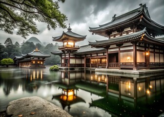 Fototapeta premium Surreal Japanese Temple Landscape: A Dreamlike Perspective with Ethereal Elements