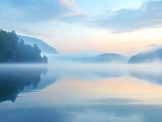 Fototapeta premium Serene Morning Mist Over Calm Lake