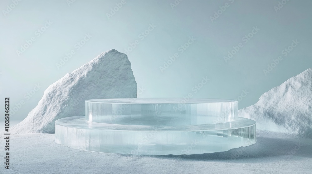 Poster a sleek, circular ice platform rests on a bed of snow, surrounded by softly shaped snow-covered rock