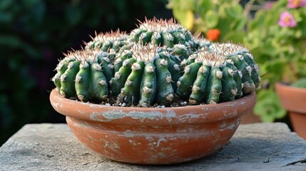 Closeup of a Green Cactus with White Spines in a Terracotta Pot