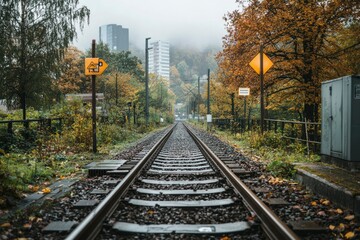 Fototapeta premium A View Down a Foggy Train Track Surrounded by Trees