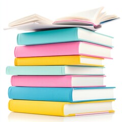 A stack of colorful books with an open book on top.