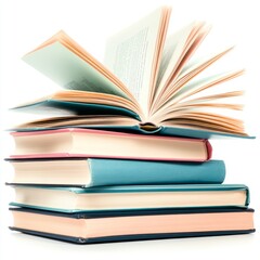 Fototapeta premium A stack of books with an open book on top, showcasing literature and knowledge.