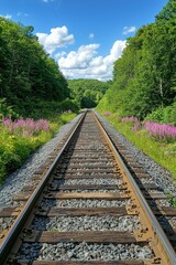 Railroad Tracks Through Forest With Blue Sky and White Clouds