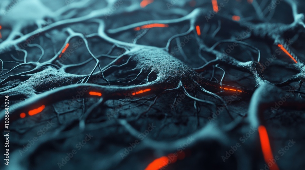Poster glowing neural network with illuminated pathways in a dark, abstract environment, ai