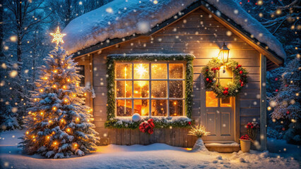 christmas tree in front of a house in snow 