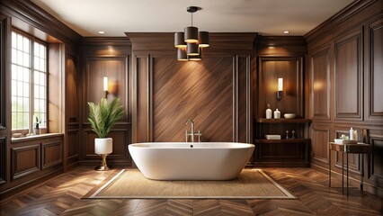 Fototapeta premium Luxurious brown bathroom with a large cozy bathtub