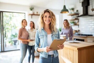 A smiling woman holds a clipboard while leading a casual gathering in a well-lit kitchen with friends during the afternoon
