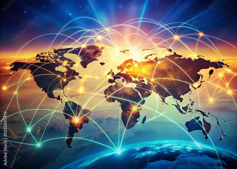 Poster surreal world map with interconnected lines for international business travel and digital transactio