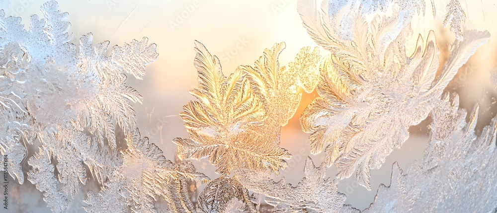 Poster Frost Patterns on Winter Window with Warm Light