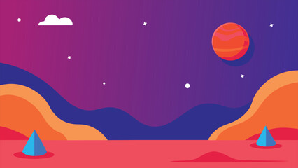 A colorful space background with a red planet in the middle. The background is orange and blue. The sky is purple and the stars are scattered throughout the sky