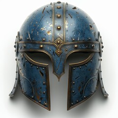 Warrior old helmet mask. Medieval fantasy head armor with cracks and dents with gothic forged tracery for medieval design