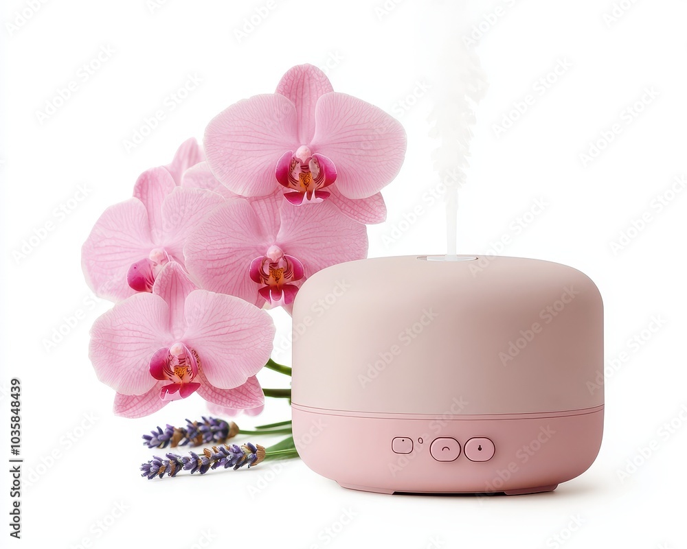 Poster a soft pink diffuser surrounded by lavender and orchids, creating a calming, aromatic atmosphere per