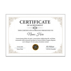 Blue and gold certificate of achievement template with gold badge and border