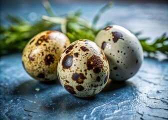 Obraz premium Three Quail Eggs on Rustic Wooden Table - Elegant Product Photography for Culinary Use