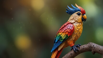 Fototapeta premium A colorful parrot figurine perched on a branch with a blurred green and brown background.