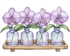 A charming arrangement of purple orchids in glass bottles on a wooden tray, showcasing nature's beauty with elegance.