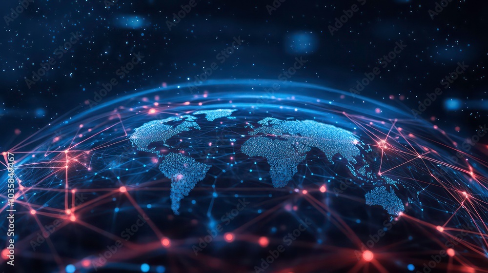 Poster a glowing, digital representation of the world with a network of lines and dots connecting continent