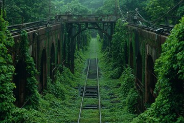 Overgrown Railway Bridge with Vines and Lush Green Foliage - Powered by Adobe