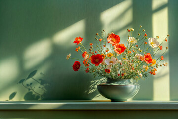 Bouquet de fleurs minimaliste dans un vase devant un mur vide vert