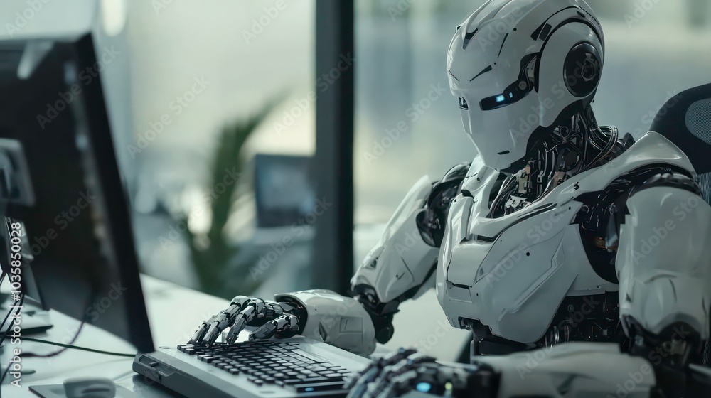 Poster a humanoid robot sits at a desk in a modern office, typing on a computer keyboard.