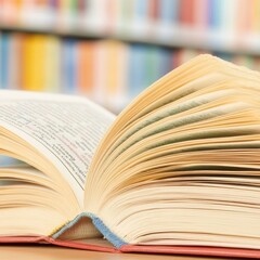 Obraz premium An open book with pages fanned, set against a blurred bookshelf background.