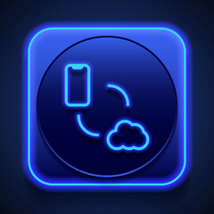 Data exchange icon, vector. Flat design. Blue neon style on button. With shadow